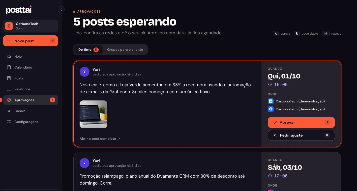 Tela de aprovações do Posttai com os posts esperando o ok do cliente
