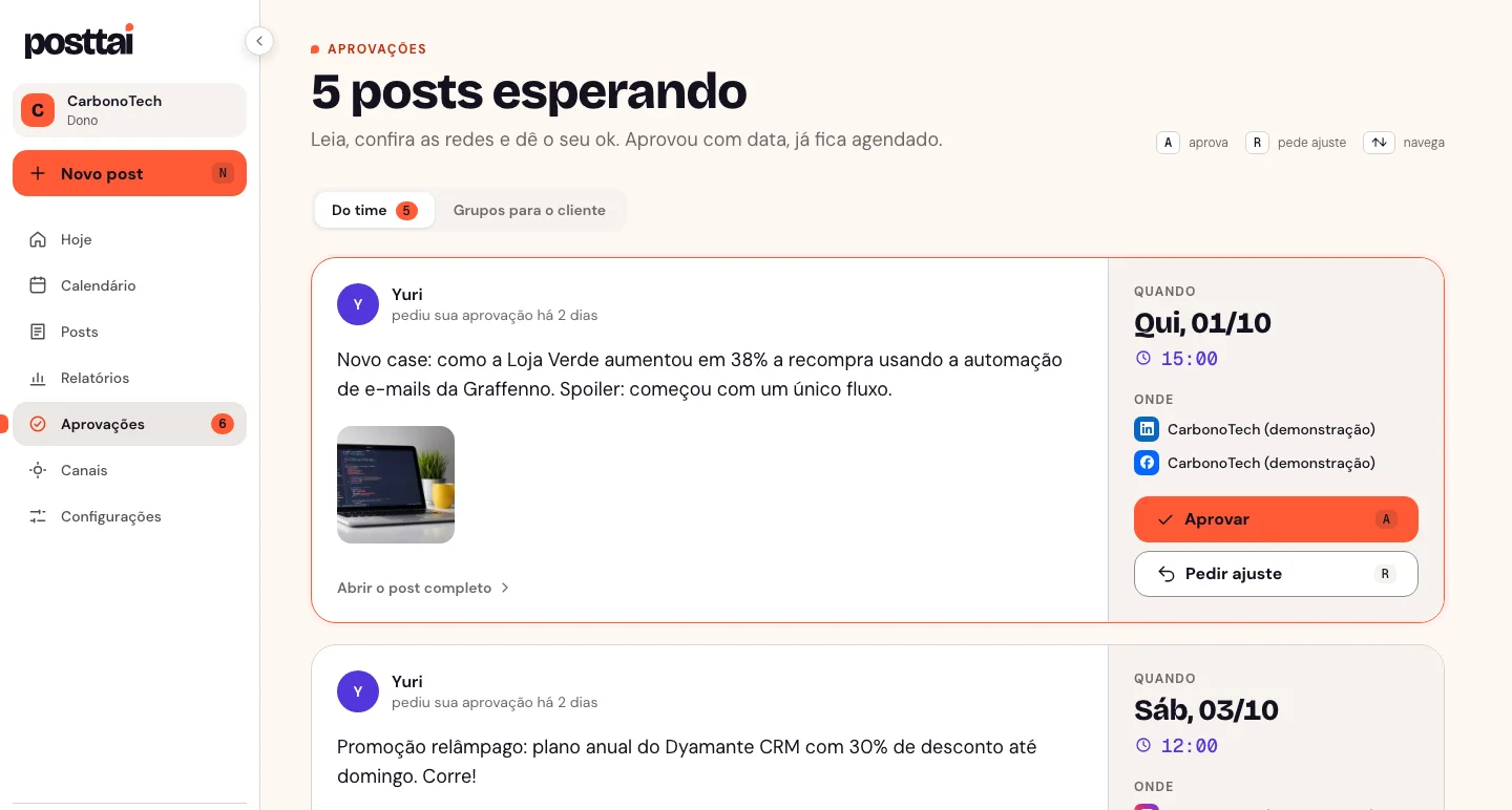 Tela de aprovações do Posttai com os posts esperando o ok do cliente