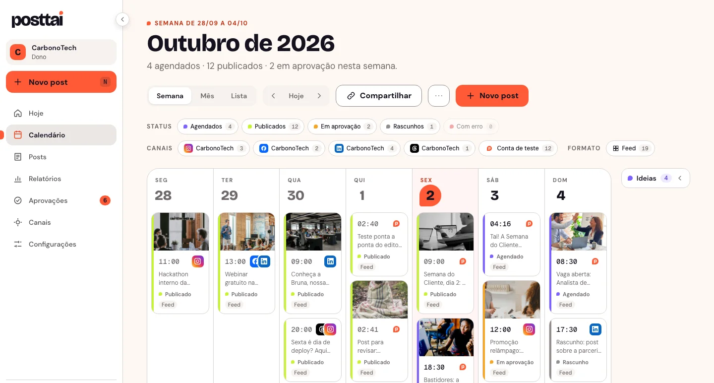 Calendário do Posttai com a semana de posts, filtros por status e canal, e o painel de ideias