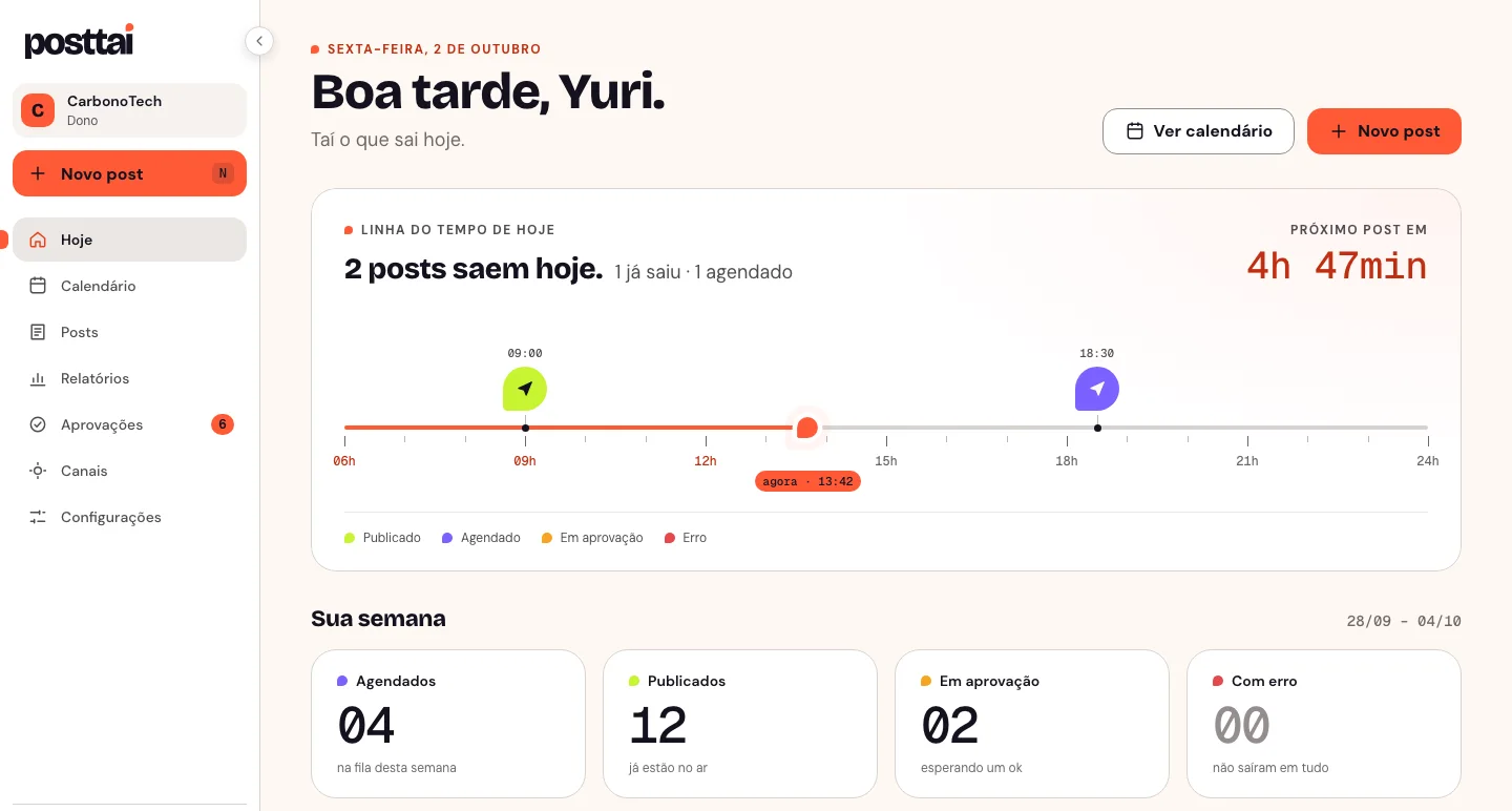 Tela inicial do Posttai com a linha do tempo do dia e os próximos posts